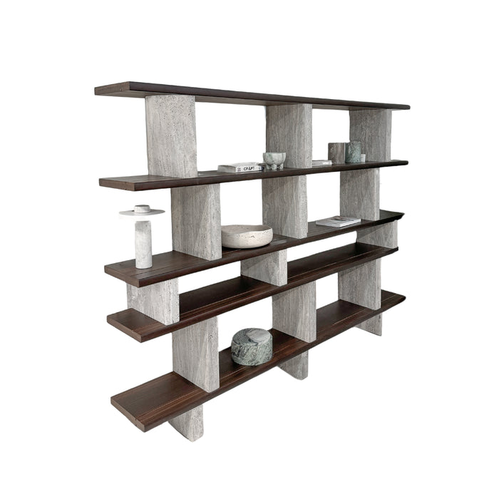 Etagère murale Merpins - bois fumé - Piliers travertin gris - 240 cm