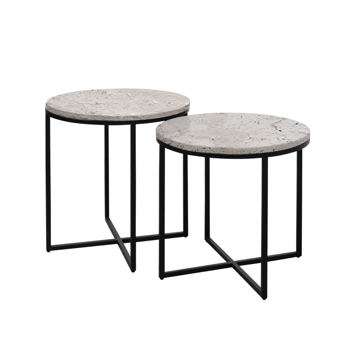 Mesa auxiliar Rosie - Arenisca blanca - Travertino - patas negro mate - Pequeña - 50x45