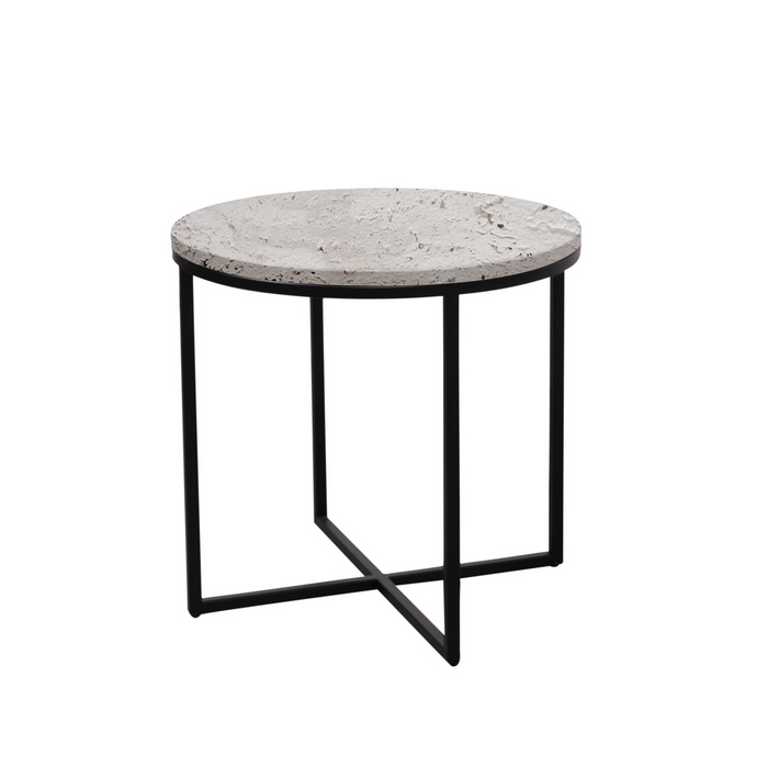 Table d'appoint Rosie - Grès blanc - Travertin - Pieds noir mat - Small - 50x45